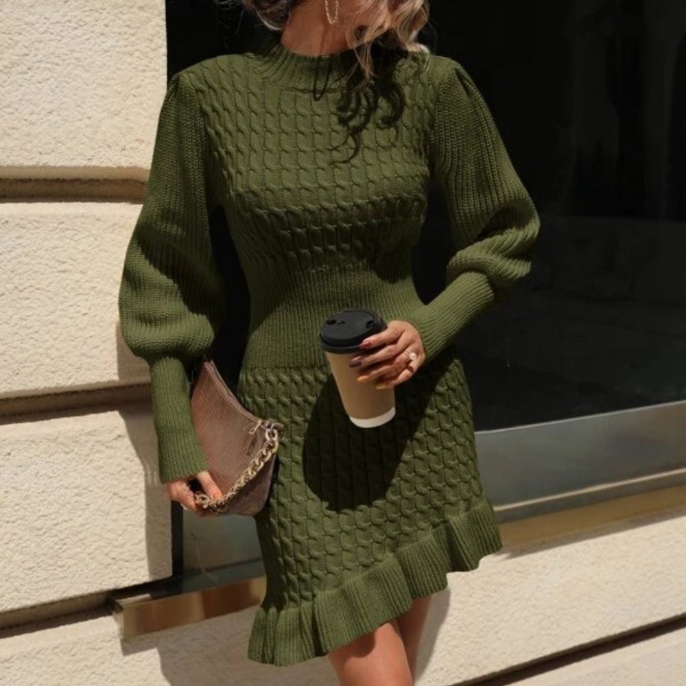 long sleeved Asymmetrical Ruffle Hem cable knit Sweater mini Dress Green - Picture 5 of 5
